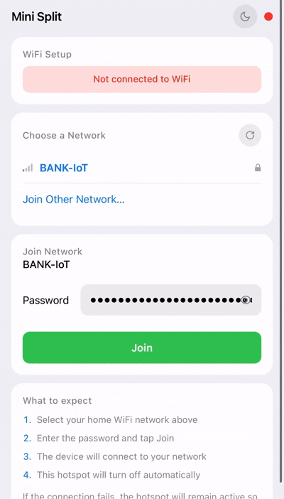 First-boot WiFi setup: connecting to the Serin hotspot and entering home WiFi credentials